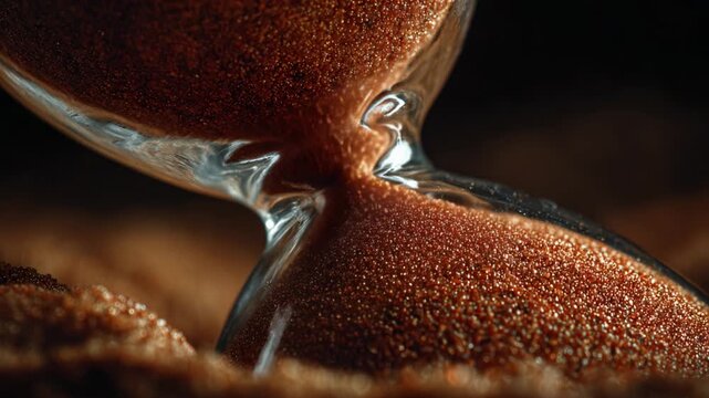 An intricately captured moment of an hourglass, showcasing the mesmerizing flow of sand grains, reminding us of the passage of time and transience in a stunning close-up.