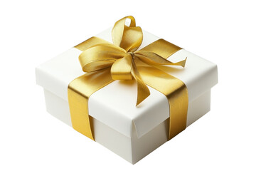 Obraz premium Luxury White Gift Box with Shiny Gold Ribbon Bow Isolated on Black Background, Premium Celebration Packaging