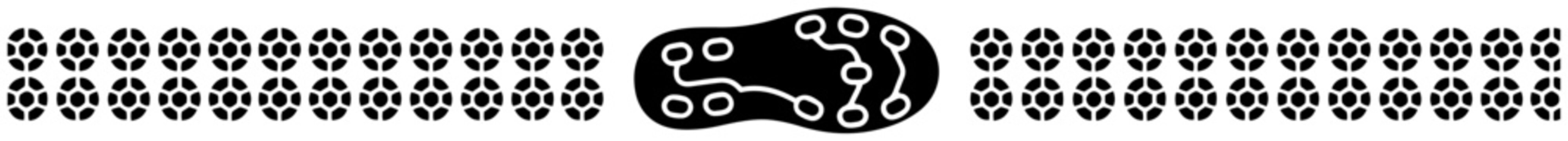 Sports pattern border with soccer ball icons and football cleat sole footprint silhouette