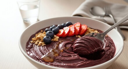 Healthy acai bowl with granola, blueberries, strawberries, and chocolate drizzle on wooden table top view perfect for National Acai Bowl Day