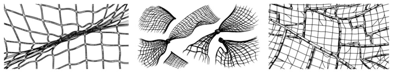 Detailed hand drawn sketches of various netting textures and patterns in three panels © Camel