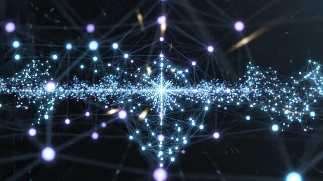 Abstract digital network with glowing blue and purple nodes connected by lines on a dark background, representing data flow and technology.
