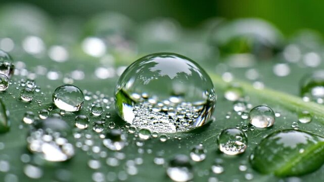A captivating macro close-up showcases numerous crystal-clear water droplets shimmering on a vibrant green leaf. A prominent, perfectly spherical dewdrop beautifully reflects the inverted verdant envi