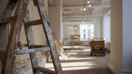 Old wooden ladder covered in paint stands in a bright spacious room undergoing renovation with natural light filling the space through large windows