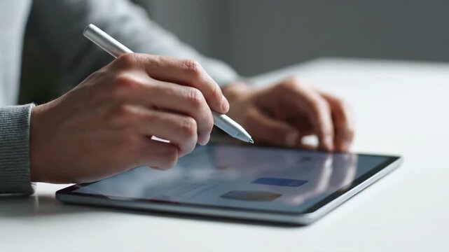 Person using a digital tablet and stylus on a white table in a modern setting