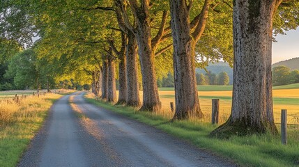 Obraz premium Sunlit country lane lined with trees