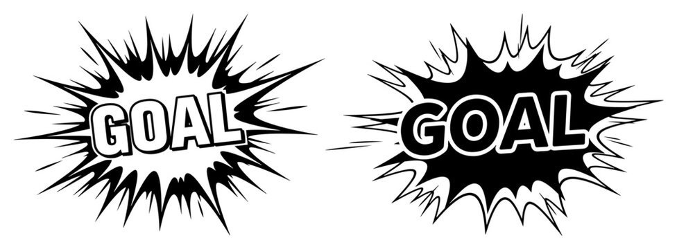 Comic book style goal text bursts for football celebration and match scoring