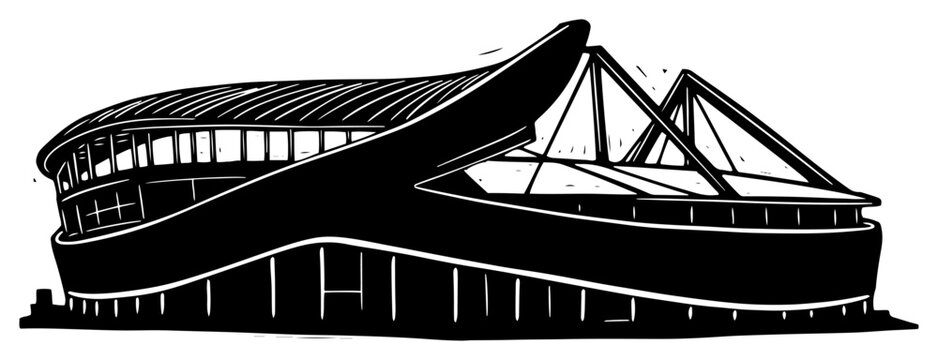 Silhouette of a modern sports stadium building architecture with curved roof design