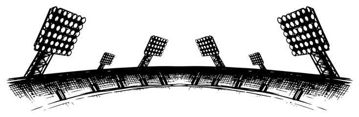 Hand drawn sketch of soccer stadium floodlights over the empty arena stands © Camel