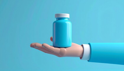 Hand Holding Blue Pill Bottle on Blue Background.