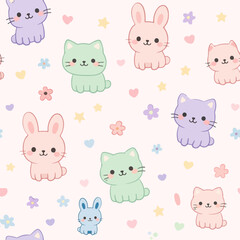 Seamless kawaii cat and bunny animal doodle cartoon pattern for children room wallpaper, wrapping paper and background.
