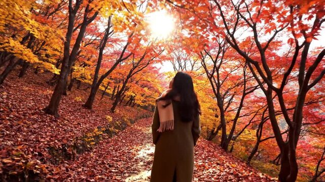 A captivating rear-view shot of an individual with long dark hair, clad in a cozy coat and scarf, leisurely strolling along a winding path carpeted with a thick layer of russet and golden fallen leave