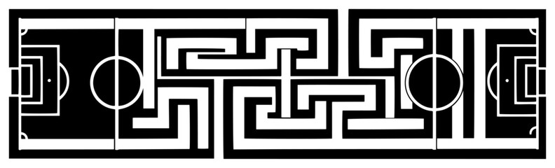 Creative horizontal banner showing a soccer field layout transforming into a complex geometric maze pattern © Camel