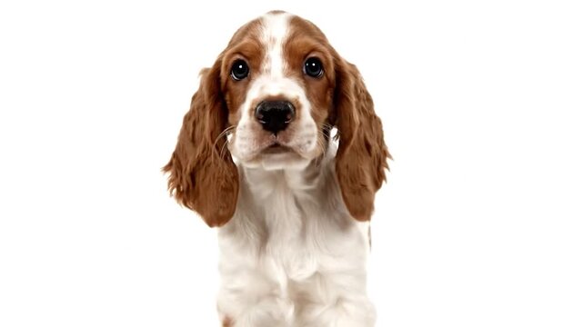 A cute, light brown and white puppy is center frame and running towards the camera