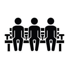 Three people sitting on a public bench icon representing waiting room seating area or park rest station