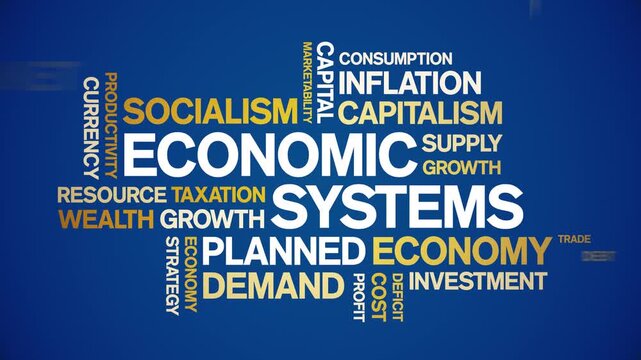 Economic Systems animated word cloud-text design animation tag kinetic typography seamless loop.