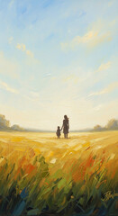 Fototapeta premium Soft oil painting of woman and child holding hands in wheat field woman's day background download 2026 2027