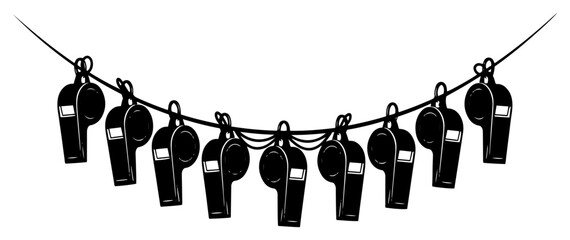 Decorative garland banner featuring many referee whistles hanging on a rope © Camel