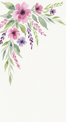 Obraz premium Watercolor floral arrangement with pink purple flowers and green leaves on white background woman's day background download 2026 2027