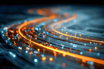 Curved glowing orange and blue fiber optic cables creating a futuristic and dynamic visual of high-speed digital data transmission on a dark background