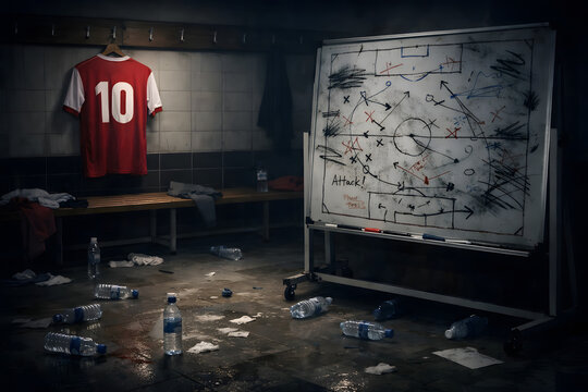 Somber empty locker room with a messy strategy whiteboard, scattered water bottles, and a lone jersey after a heartbreaking sports defeat.