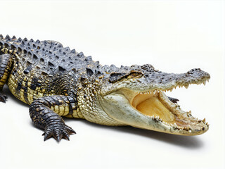 Obraz premium Realistic Crocodile with Open Mouth Showing Sharp Teeth and Textured Scales Isolated on White Background for Wildlife or Danger Themed Design Projects