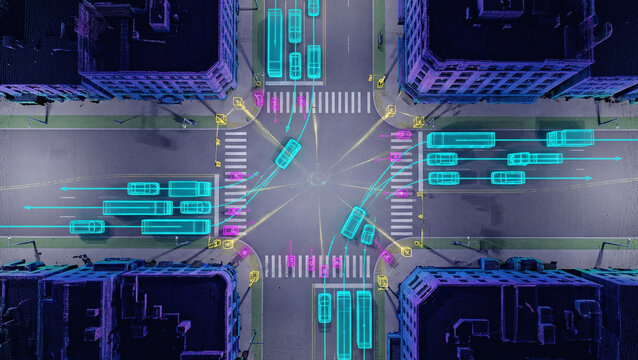 Perfect top-down orthographic drone view of a complex city intersection with layered LiDAR point cloud data visualization in cyan and magenta