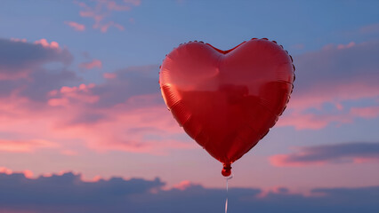 Obraz premium Red Heart-Shaped Balloon Floating Against a Soft Pink and Blue Twilight Sky with Gentle Clouds Romantic Valentine or Anniversary Concept