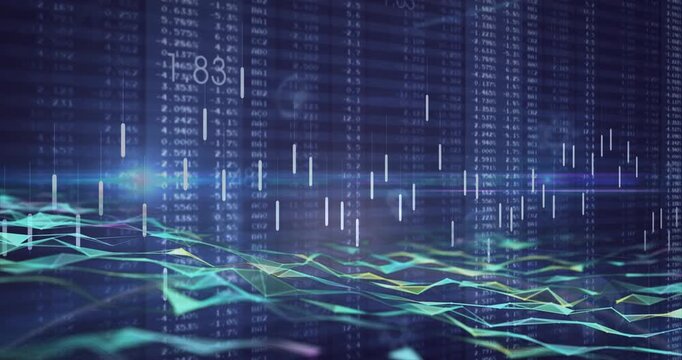 Light streak sweeping midline starting wireframe mesh rippling, bars rising, visualizing live data