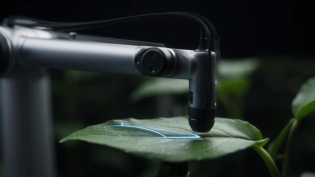 Robotic Arm Examines Leaf, Futuristic Science Footage
