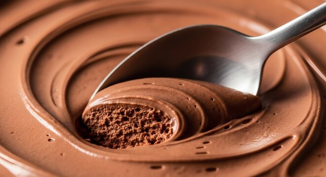 Chocolate mousse swirl with spoon in rich cocoa dessert close-up texture delicious gourmet food perfect for National Chocolate Mousse Day