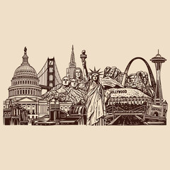 Iconic American Landmarks and Monuments Sketch. © BANJARETNO