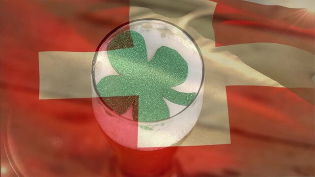Swiss flag overlay appearing, waving over glass as white cross sweeping clover for Swiss branding