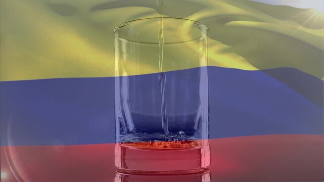 Clear glass cylinder filling from thin stream at top, splashing, bubbling, showing colored tints