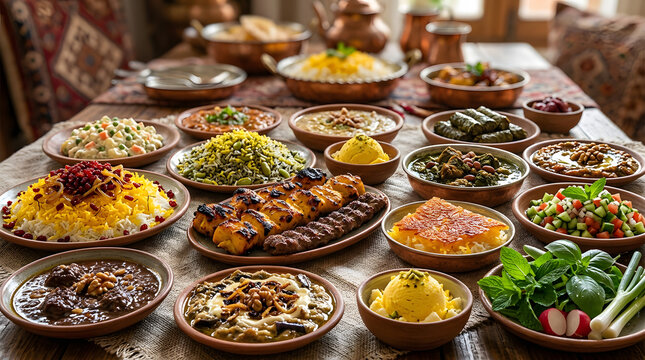 Close-up detailed view of various Iranian traditional dishes highlighting texture and color.
