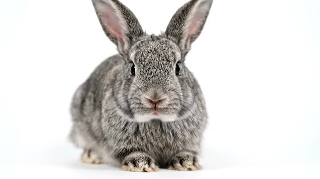 A detailed image showcasing a grey rabbit, with pink ears, against a bright white background