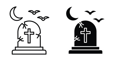 Obraz premium Halloween tombstone icon set featuring cracked grave stone with cross crescent moon and flying bats in outline and solid black style