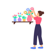 Fototapeta premium Arranging Flowers on Shelf, organizing floral display neatly, Flat vector character illustration