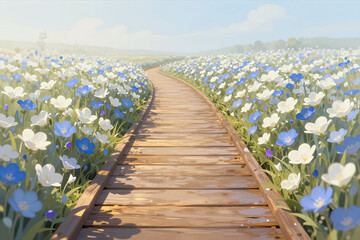 Obraz premium Serene Wooden Pathway Winding Through Vibrant Blue and White Flower Field under Soft Sunlight with Gentle Hills in Background