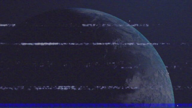 Large Earth-like planet rotating into frame as camera panning and recovering surface beneath static