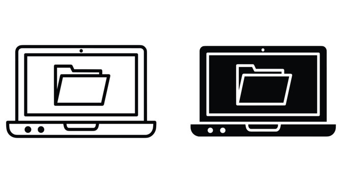 Laptop computer icon set with folder on screen representing digital file management data storage organization system software interface web design elements