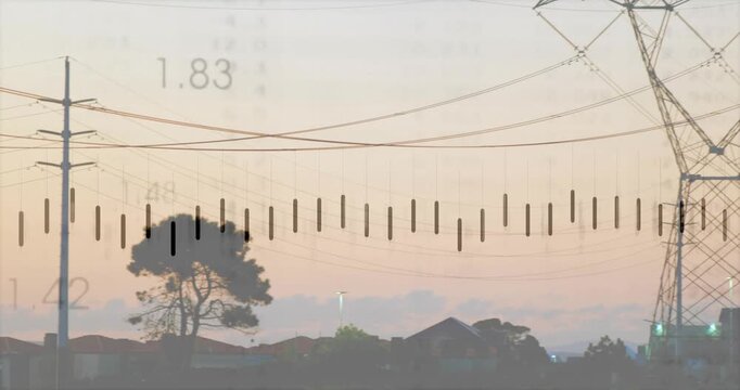Camera panning right, towers and lines entering frame while chart oscillating visualizing grid load