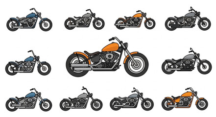 Collection of various custom chopper motorcycles displayed in a grid. © Kimpling