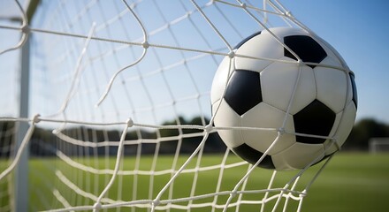 Naklejka premium Soccer ball caught in the goal net on a sunny day outdoor sports scene