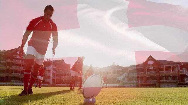 Male rugby kicker in red shirt approaching tee, striking ball, with flag overlay for training