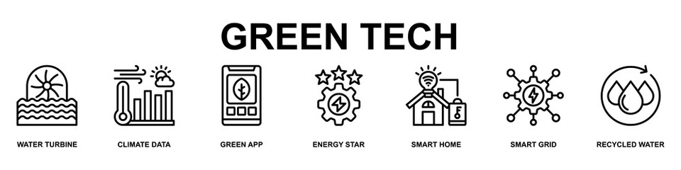 Obraz premium Green Tech Banner Web Icon Vector Illustration Concept for Business with Icons of Water Turbine ,Climate Data ,Green App ,Energy Star ,Smart Home ,Smart Grid and Recycled Water