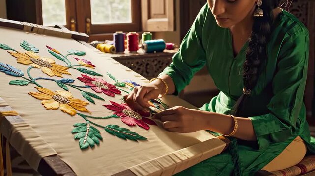 Indian artisan woman diligently embroidering a traditional floral design, showcasing skilled needlework and the rich cultural heritage of textile arts in her workshop