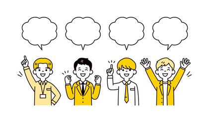 吹き出しと、インタビューに答える若い複数のビジネスマンの上半身ベクターイラスト素材セット