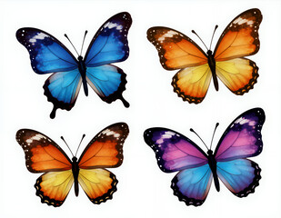Obraz premium Vibrant Colorful Butterflies Illustration Set Featuring Four Distinct Species in Detailed Wings with Gradient Patterns Ideal for Nature Wildlife Design Projects