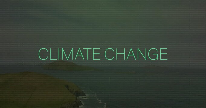 Cyan CLIMATE CHANGE text typing over hazy coast, cursor blinking glitching then settling revealing